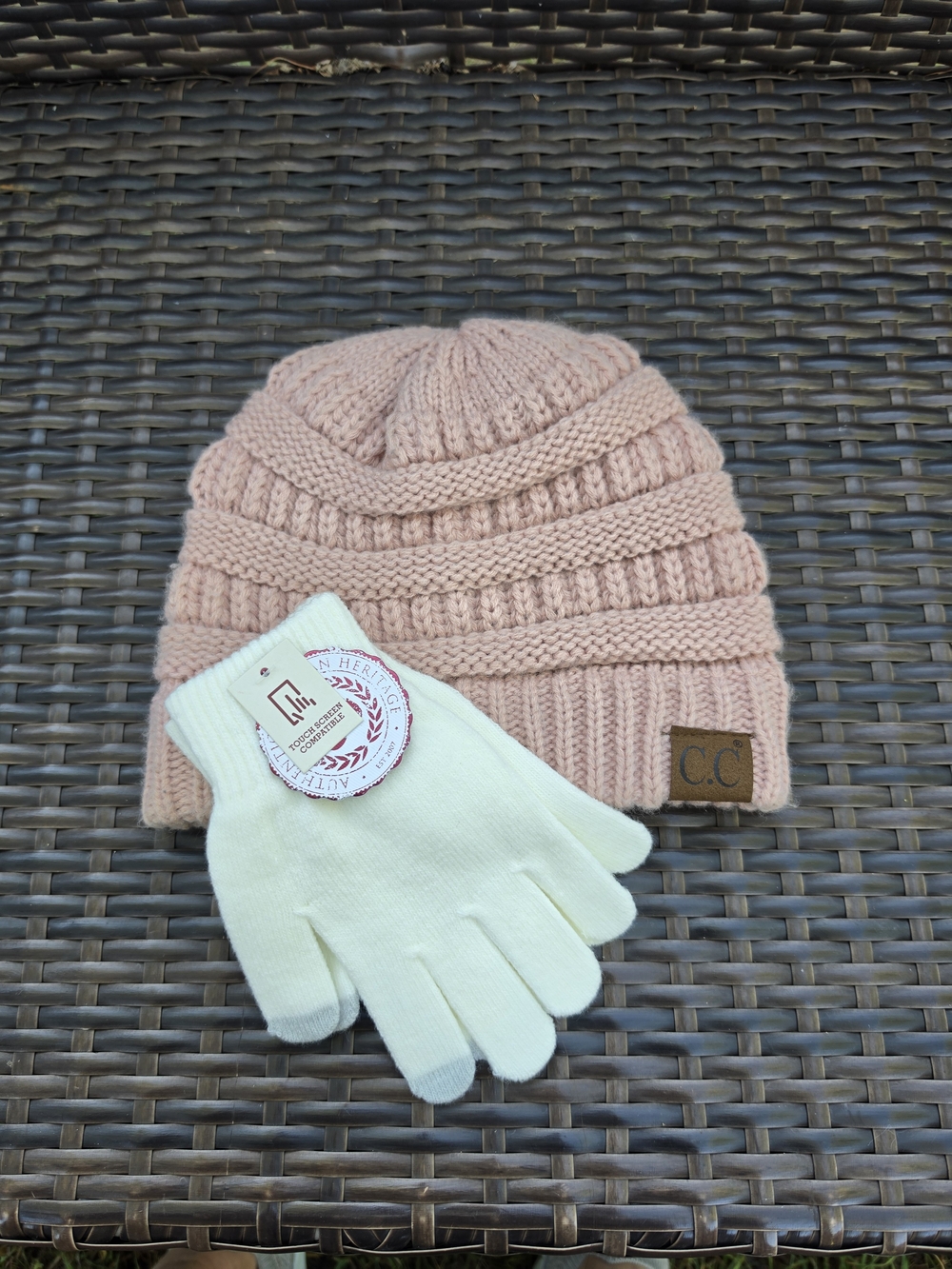 C.C Women's Knit Beanie And Pair Of Creamy Gloves